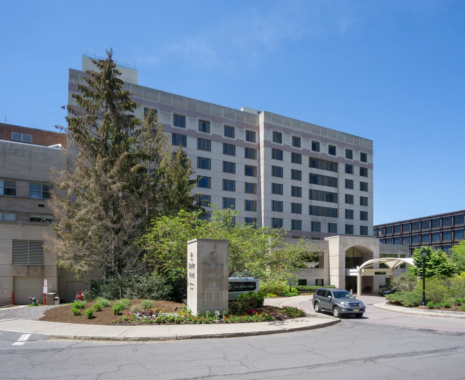 Entrance of the Statler Hotel on Statler Drive at Cornell University