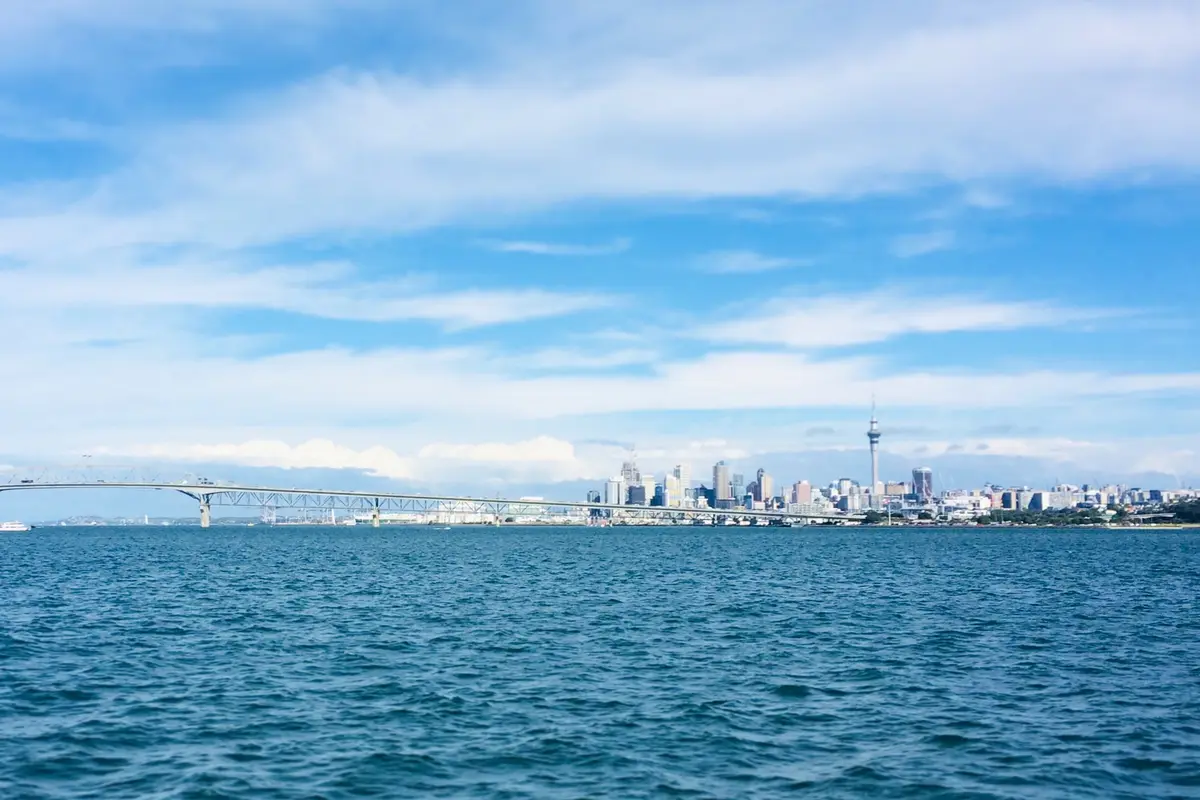 Auckland city skyline with the Sky Tower seen from the harbour