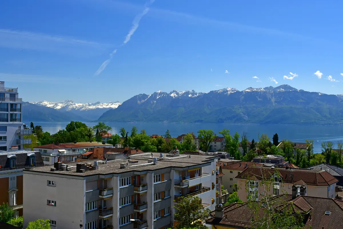 Panoramic view over Lausanne and Lake Geneva in Switzerland