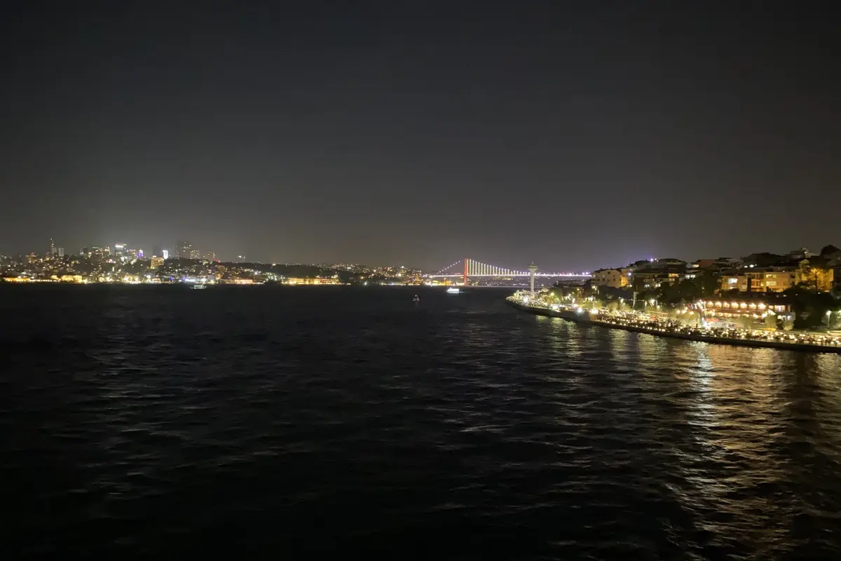 Night panorama of the Bosphorus and a bridge in Istanbul, seen from the Maiden's Tower
